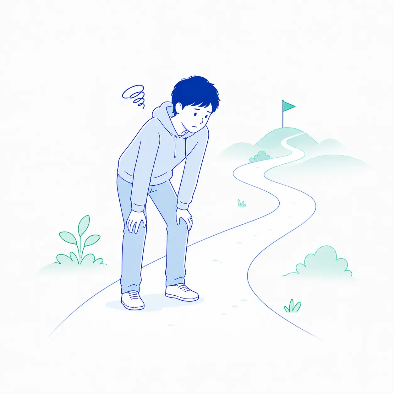 道の途中で疲れて立ち止まり、両手を膝についている内向型の男性